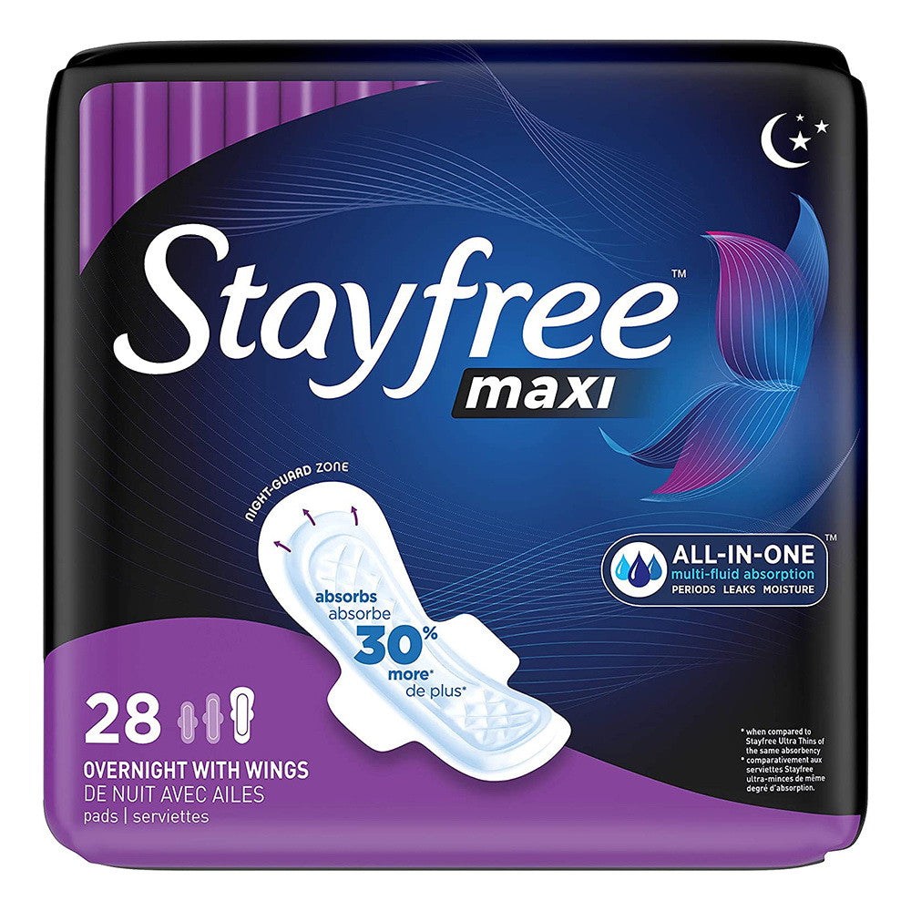 Stayfree Maxi Pads with Wings, Overnight, 28 Ea